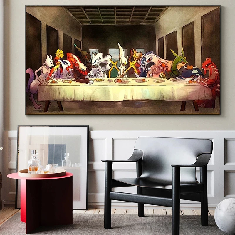 Vintage The Last Supper Pokemon Canvas Painting Cartoon Anime Poster Prints Wall Picture Living Room Home Decor Mural Cuadros