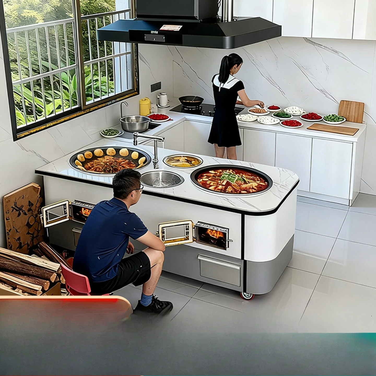 Wood stove for household use, firewood burning, high-end sintered stone double-pot stove, mobile pot stove 2