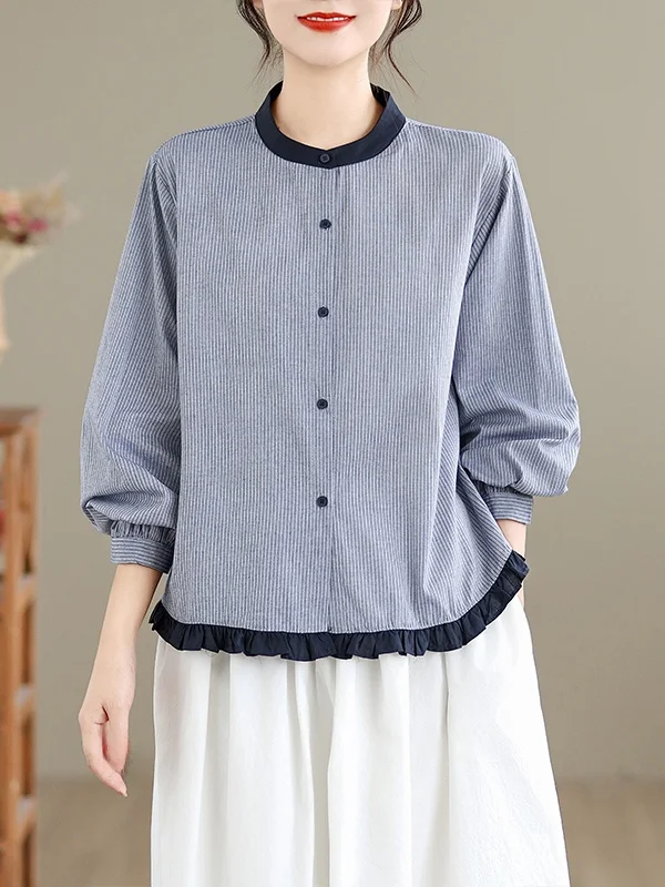 

Корейский полосатый круглый топ Ne Long Sve Cotton irt, женский лоскутный цветной топ с деревянной каймой, ранняя осень