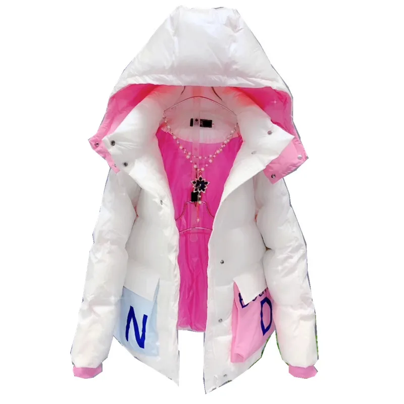 Letter Print Down Jacket Women Spliced Fashion Big Pocket Hooded Cotton Coat Streetwear Loose Thick Warm Parkas Winter Jacket