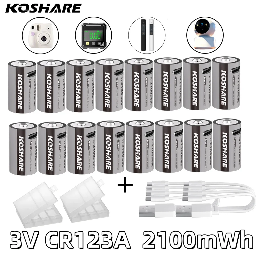 

KOSHARE CR123A 3V 2100mWh Li-ion Rechargeable Batteries CR123A 2100mWh Lithium Battery For Clocks Mice Computers+Type-C Cable