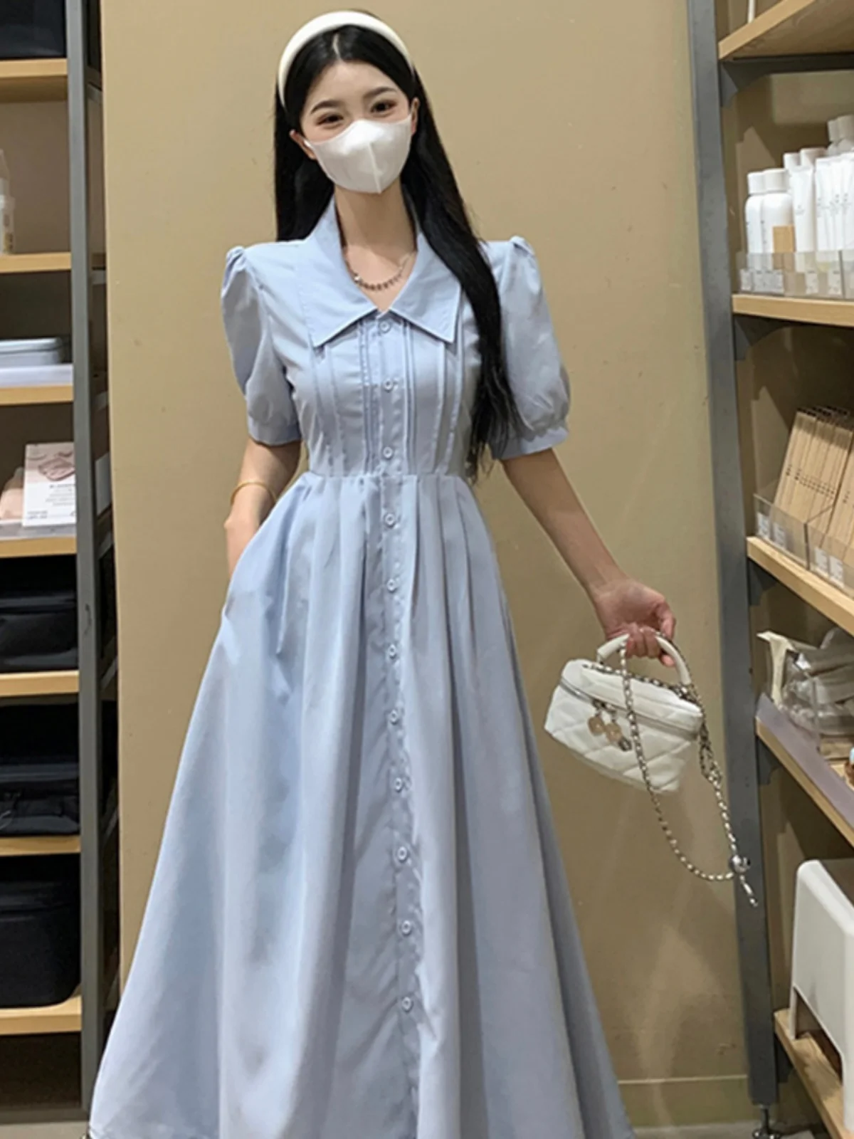 

plus Size Summer irt Dr Doll Collar Waist Cinching Slimming Long Skirt Conceal Meat Anti-Aging for Plump Women