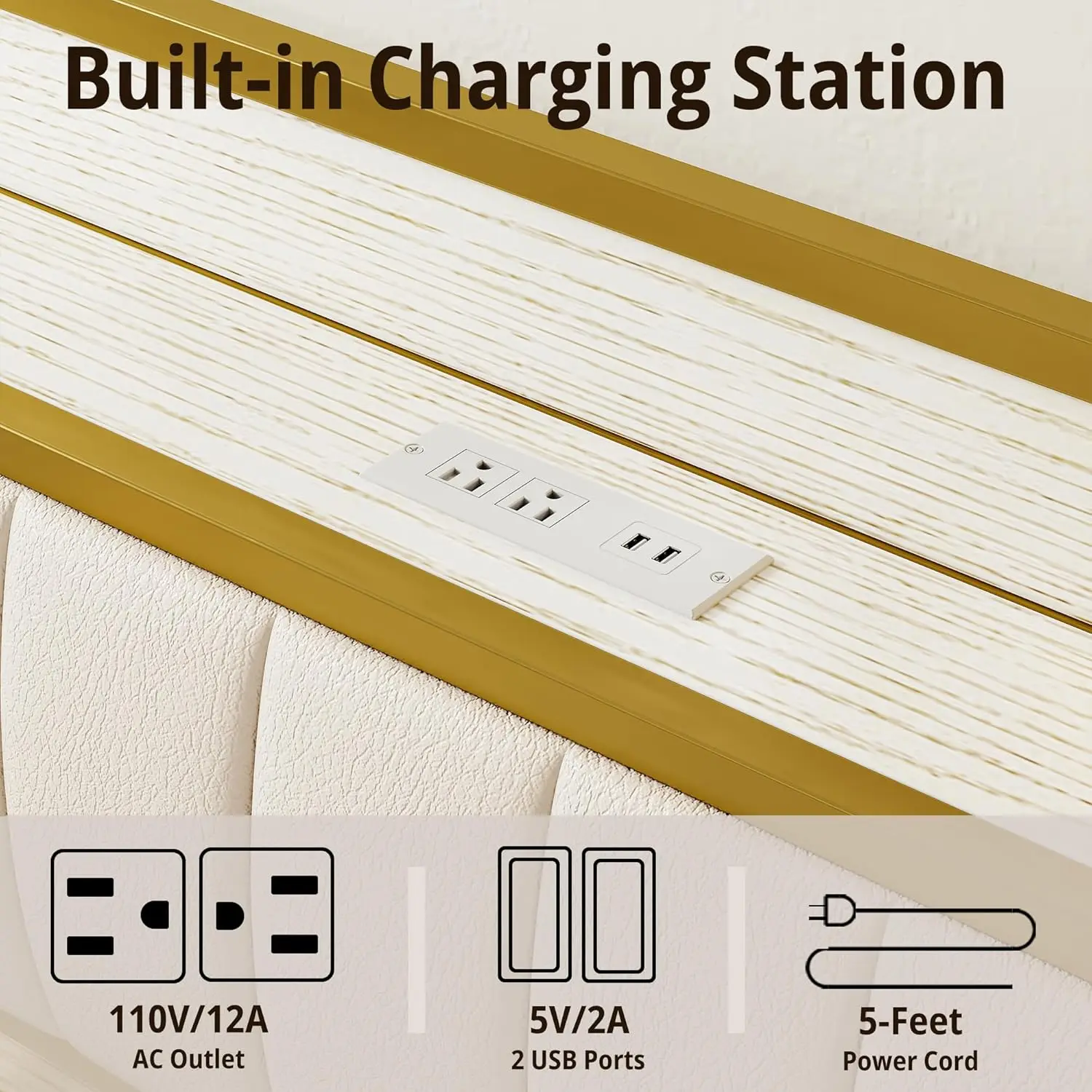 Bed Frames, Storage Headboard with Charging Station, Solid and Stable, Noise Free, No Box Spring Needed, Easy Assembly