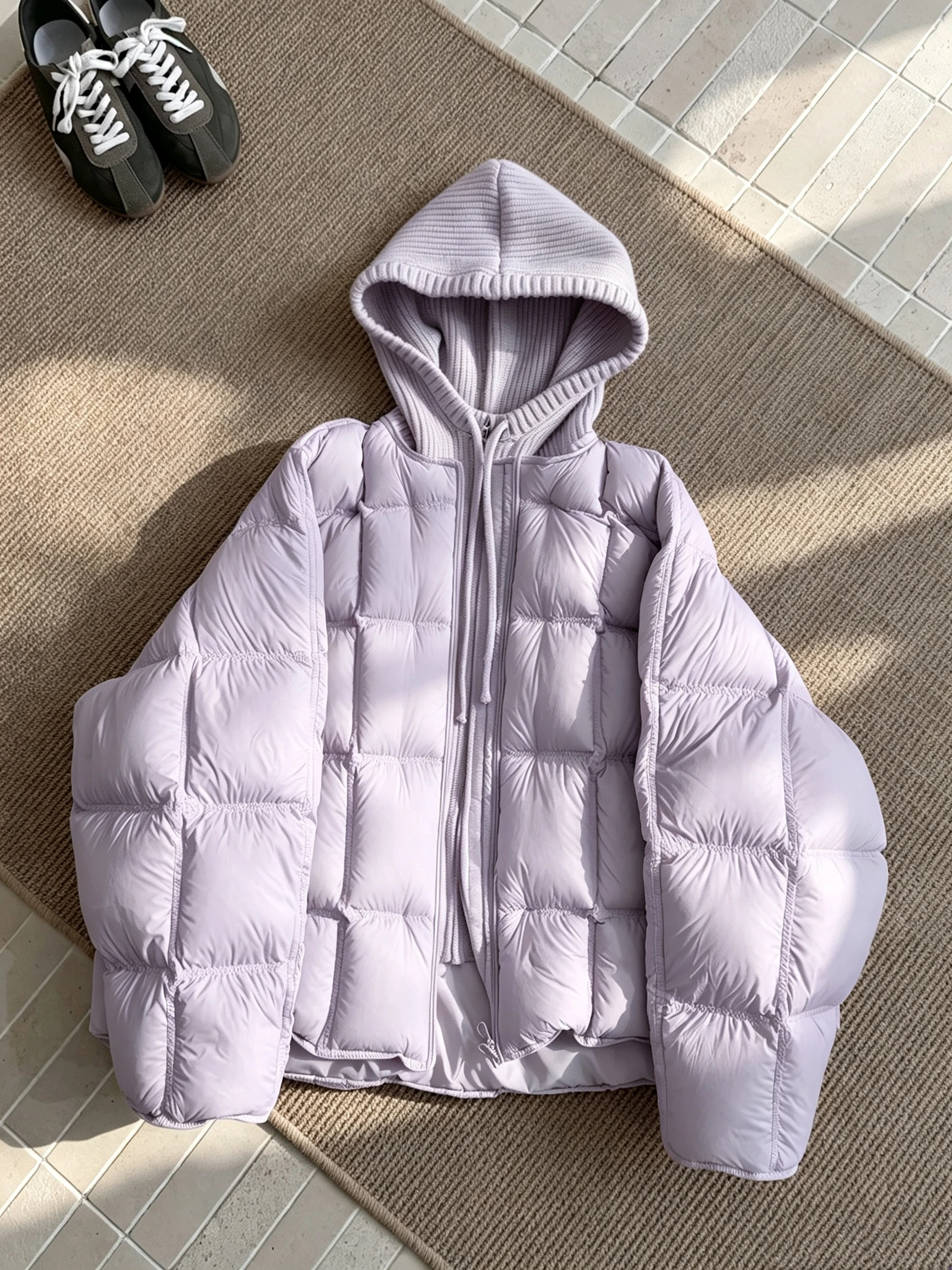 Women's Knitted Hooded Puff Cotton Jacket Loose Fit Thickened Korean Style Breathable Windproof Warm Zipper Closure Casual Coat