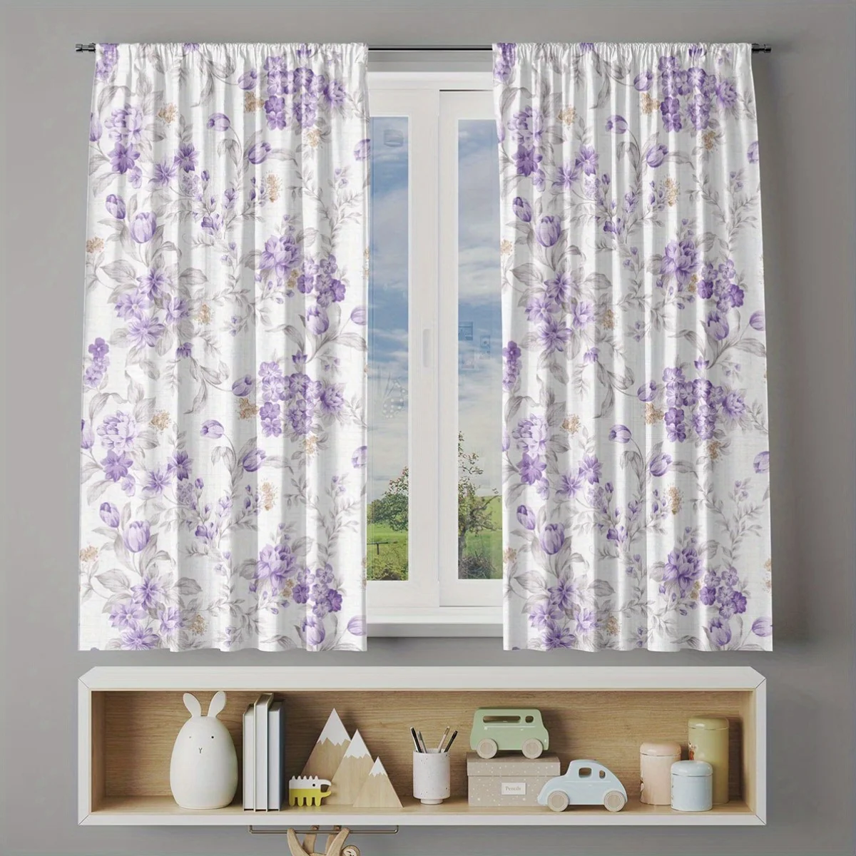 2PCS Digital Printed Curtains, Soft Light Purple Tulip Floral Pattern, Pretty French Romantic Style for Girls Bedroom Decor
