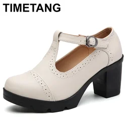 2023 Women Mary Jane Pumps Genuine Leather Sheepskin High Heels Elegant Retro Square Round Toe Platform Ladies Shoes