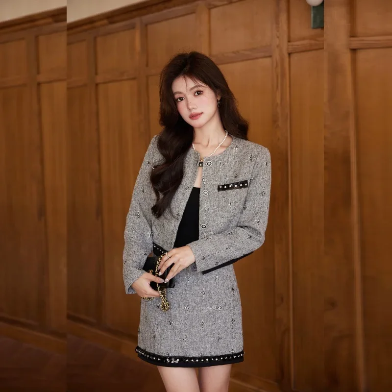 Elegant Long Sleeves Jacket + Skirt Two-piece Set Women Office Lady Autumn 2025 Season Complete Outfit High Quality Skirt Suits