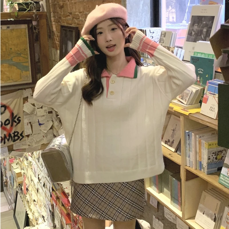 Sweet Color Collision Pullovers Women Long Sleeve Polo-neck Autumn and Winter New Japanese Style Short Knitted Sweaters Female