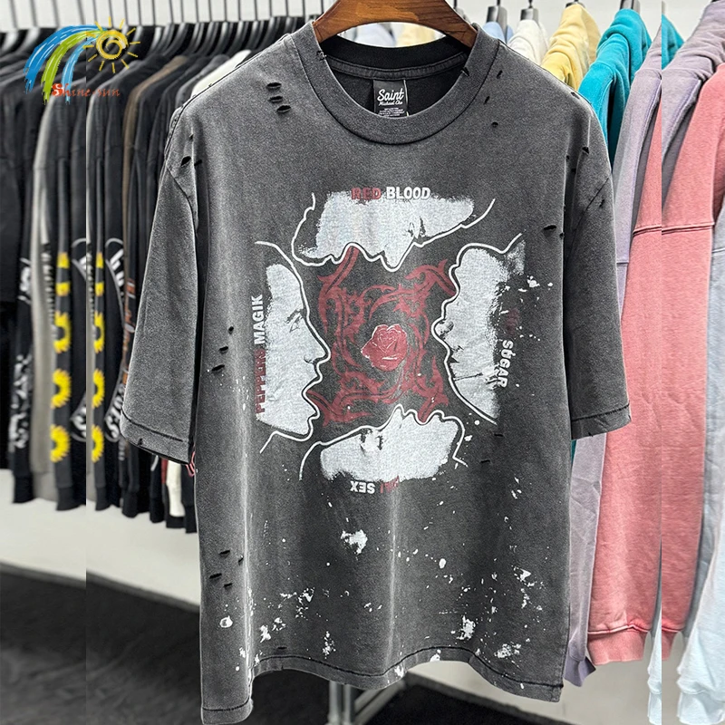 

Hip Hop Graphics Print Vintage Washed Black Damaged Hole Saint T-Shirt Men Women 100% Cotton Splashed Ink T Shirt Oversized Tee