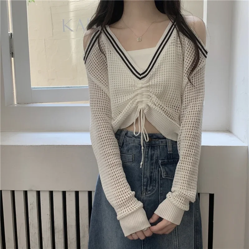 V-Neck Hollow Out Knitwear Top Women Summer Design Long Sleeve Off Shoulders Drawstring Thin Fashion New Loose Knitted Blouse