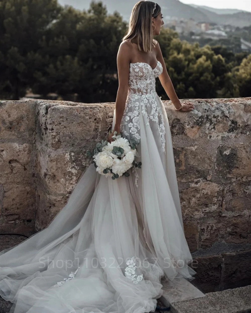 Vestido de novia de encaje sin tirantes, traje impresionante hasta el suelo, línea A, 2024