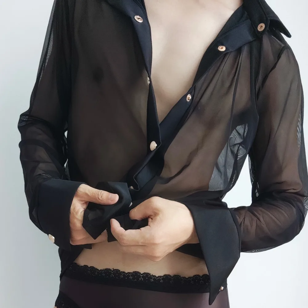 Men's See Through Long Sleeve Button Front Collar Neck Mesh Shirt Top High Elastic Dance Shirt Sexy Costume Party Stage Wear