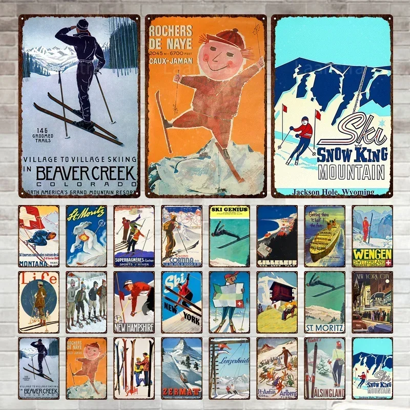 1pc Sports Ski Vintage Poster Wall Decor Metal Plate Retro Picture Aluminium Signs Sports Hall Man Cave Bar Club 8x12lnch