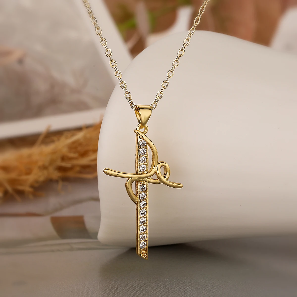 Unique Cross Design Pendant Necklaces For Women Girls,Cubic Zirconia Accessories Stainless Steel Chain Party Daily Jewelry