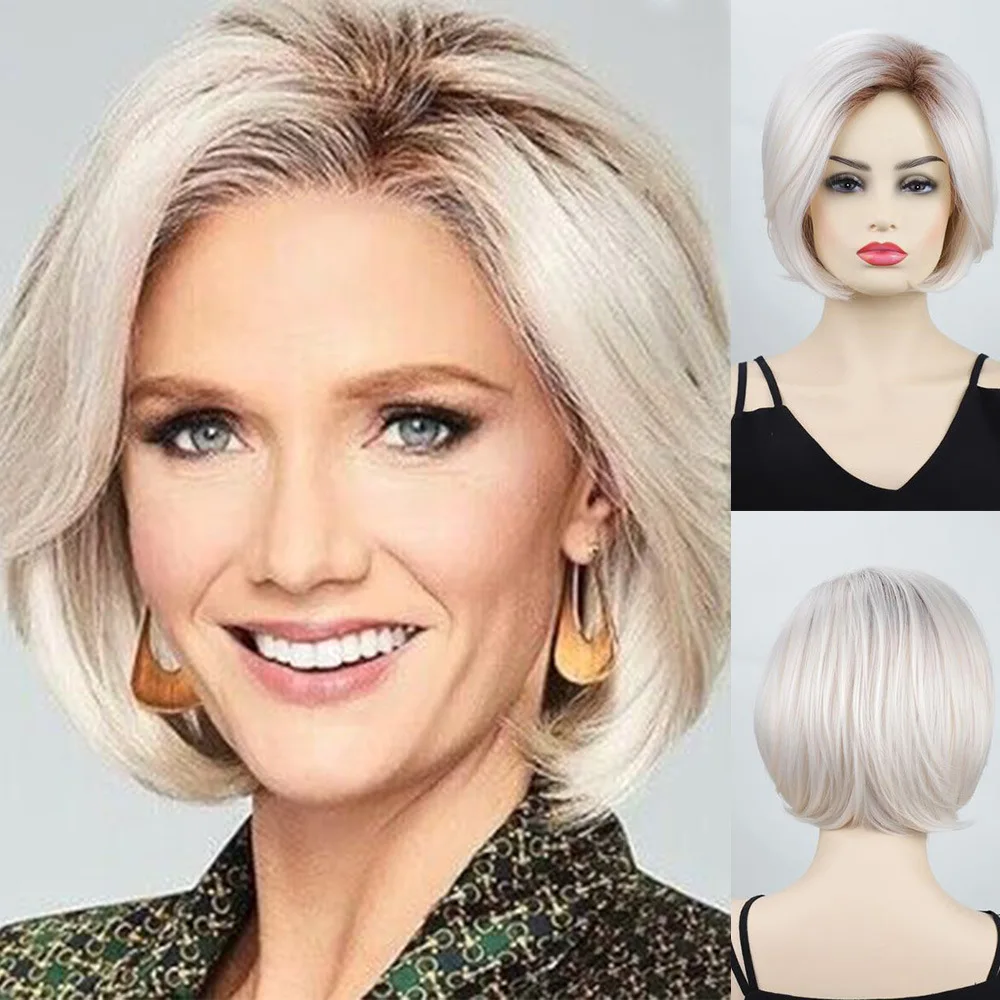 Short Bob Wig Ombre Blonde Synthetic Wigs For Women Blonde Dark Root Wig Glueless Wig Daily Party Cosplay Use Heat Resistant Wig