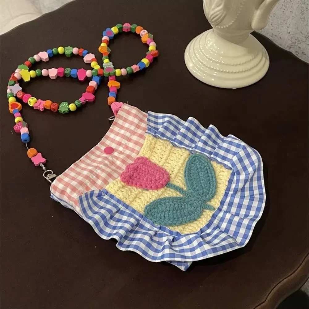 Cute Color Beads Hand Knitted Bag Flower Handmade Women's Crochet Bag Tulip Plaid Single Shoulder Bag Handbag