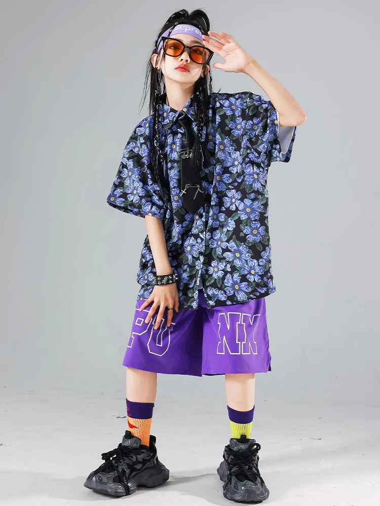 Kinder Streetwear Jungen Hip Hop Weste Blumen hemd Cargo hose Mädchen Street Dance Shorts Kleidung setzt Kinder Jazz lila Kostüme – Detail 7
