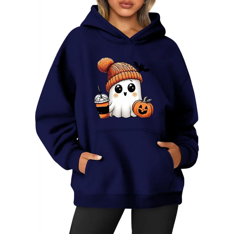 

Hoodie for Women Cute Ghost Graphic Pullover Tops Long Sleeve Costumes Funny Novelty Pumpkin Print Crewneck Sweatshirts