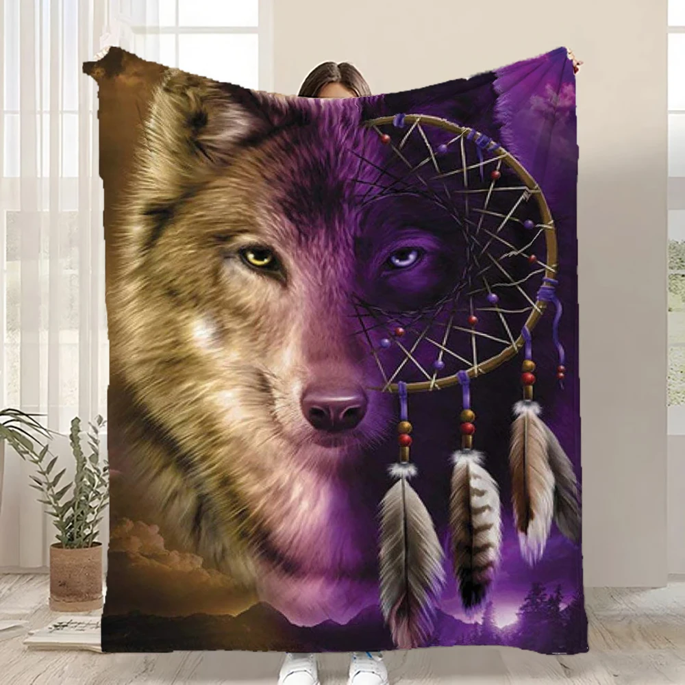 Wolves Howling Moon Cool Dream Catcher Feather Super Soft Plush Fleece Throw Blanket