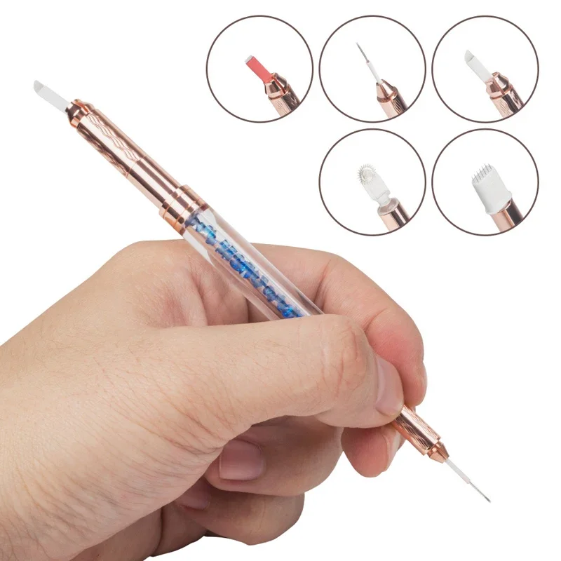 Rose Gold Cap Crystal Acrylic Embroidery Eyebrow Tattoo Manual Pen Double Head Lips Bleaching 2 Usage Fog Flat Round Needles PMU