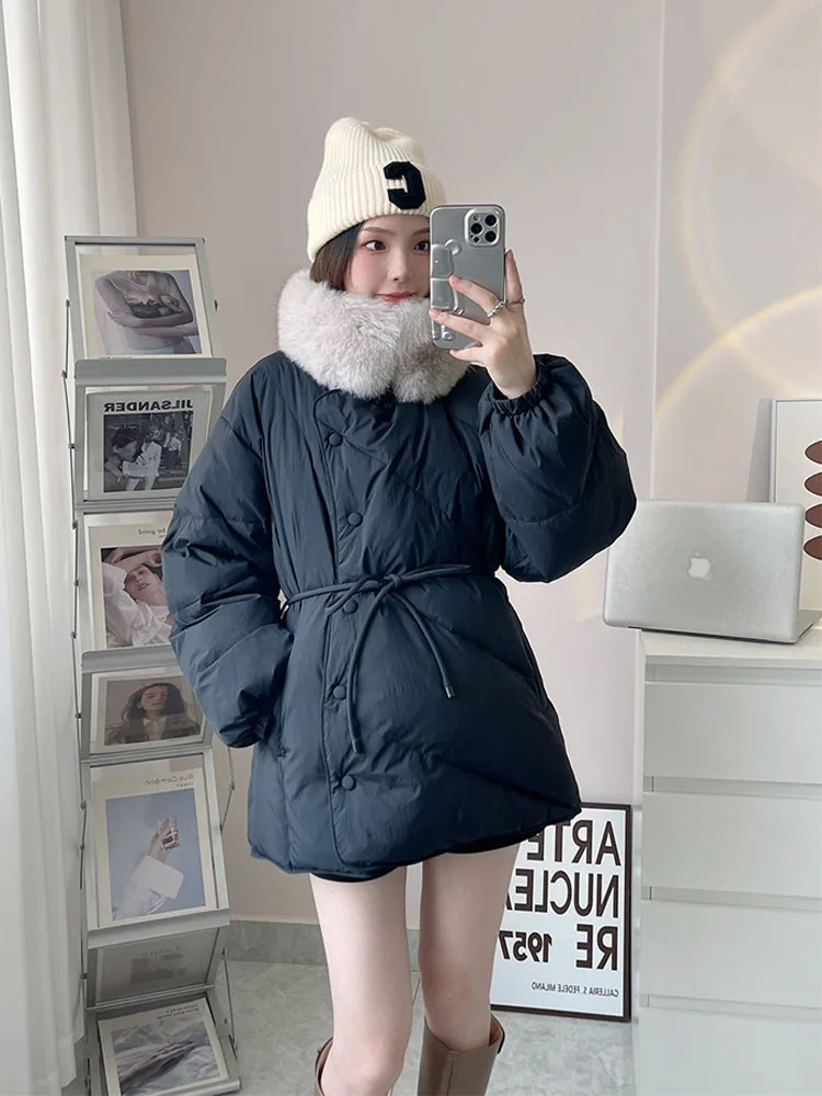 Women\'s Down Jacket Female Winter 2022 Down Coat Women Clothing Warm Down Jackets Real Fox Fur Collar Coats Eleagnt Belted