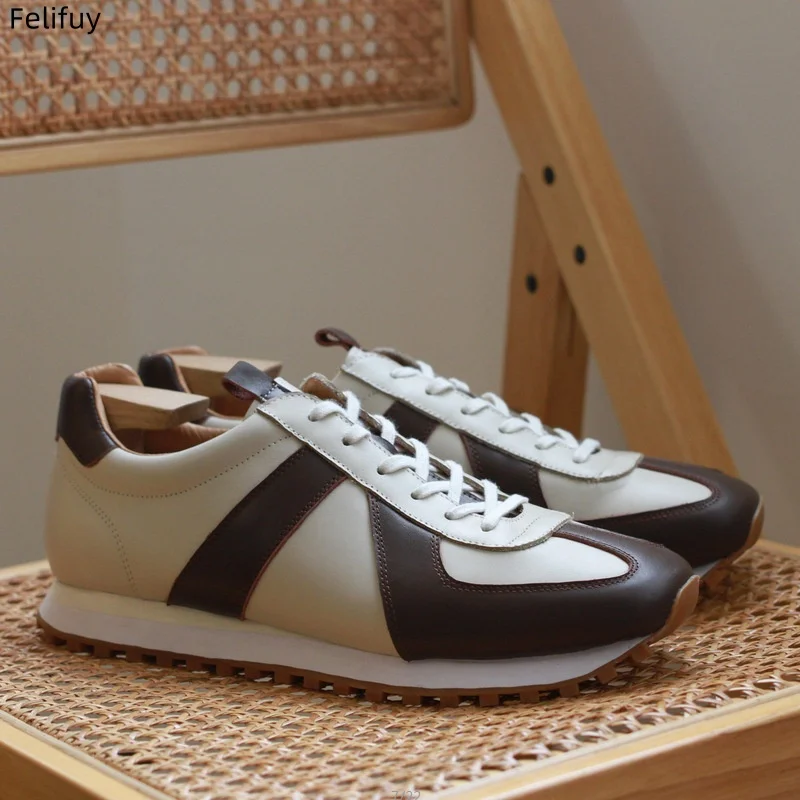 

New Casual Derby Shoes Men’s Genuine Leather Patchwork Round Toe Tennis Shoes Patchwork Spring Lace-up Sneakers Walk Shoes Male