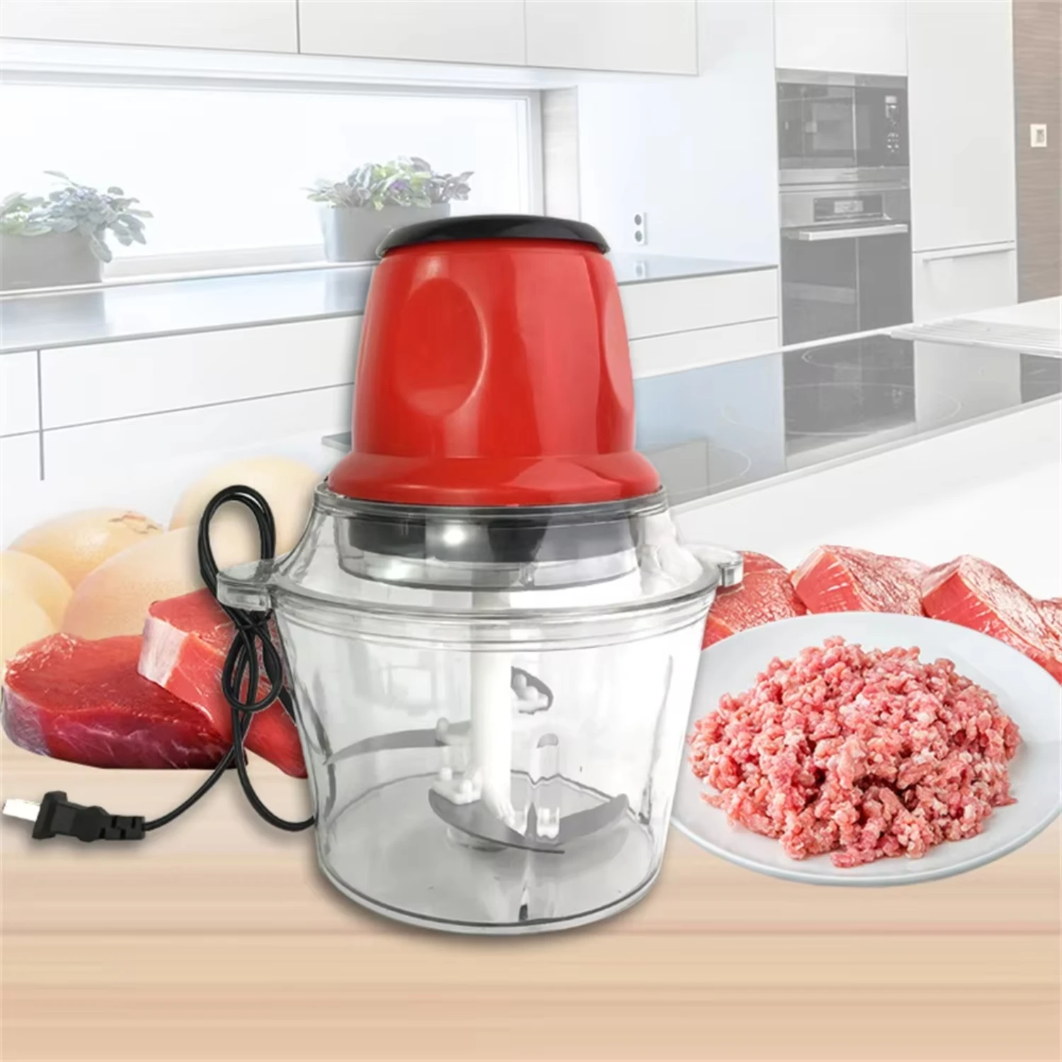 

2L Household Kitchen Meat Grinder Stainless Steel Blade Powerful Vegetable Fruit Crusher Mince Garlic Cooking Machine