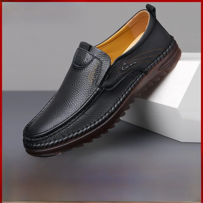 Zapatos Casuales Cómodos de Piel para Hombre, Estilo Británico, Ligeros y Versátiles, Punta Redonda, Tacón Bajo, Color Sólido, Suela de Plástico