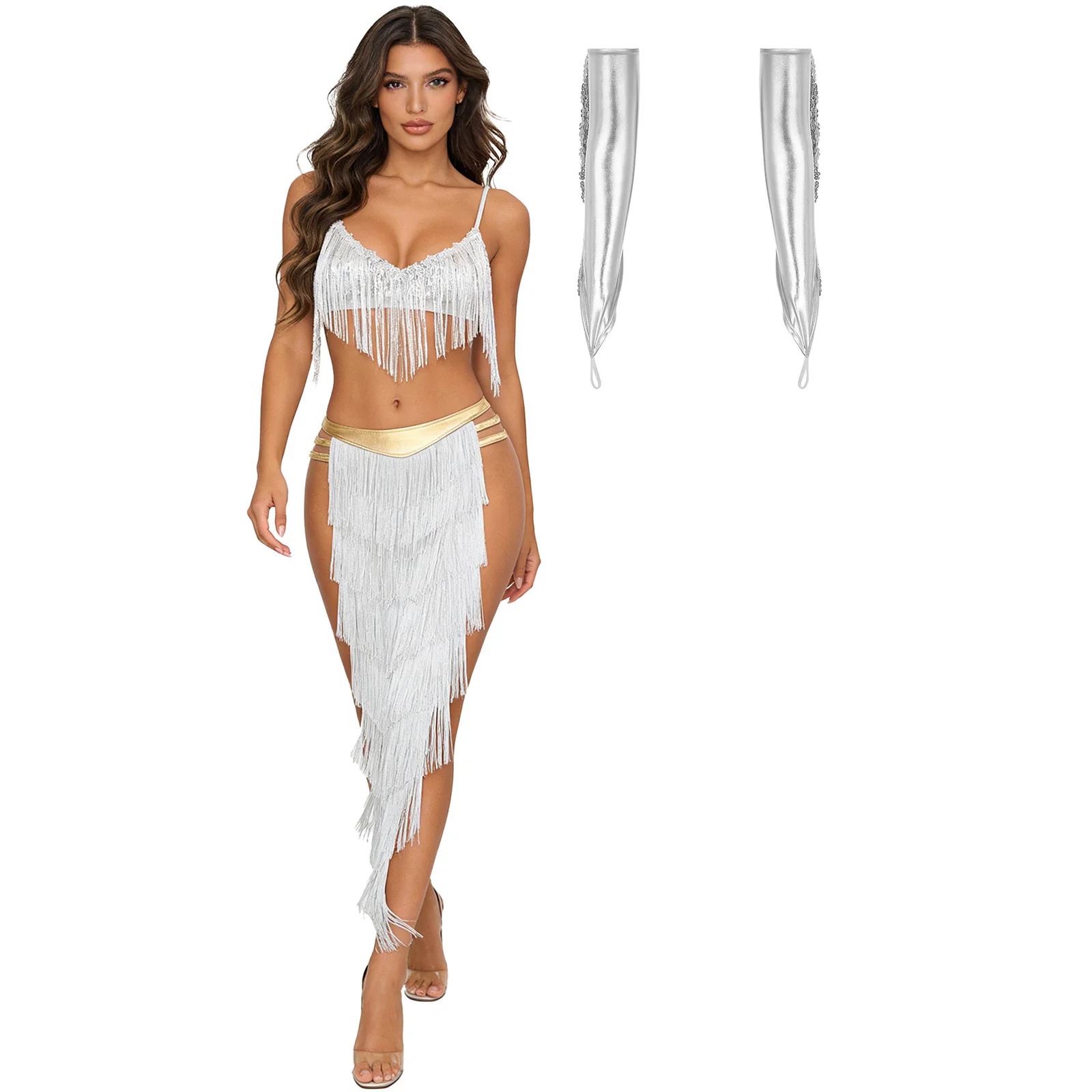 Women Tassel Belly Dance Outfit Bra Top with Slit Skirt Built-in Briefs Gloves Halloween Cleopatra Egypt Queen Dress Up Costume