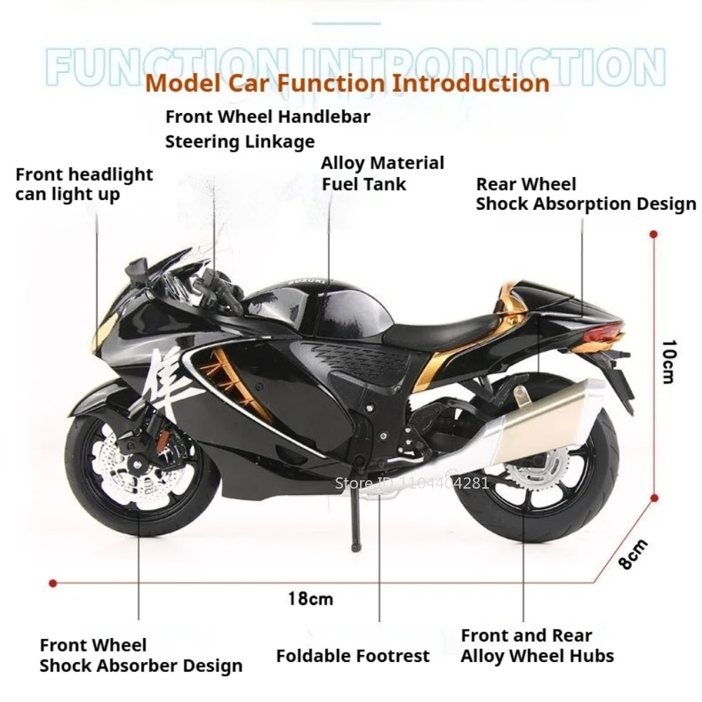 1:12 Suzuki Hayabusa GSX1000R Miniature Car Toys Alloy Diecast Model Shock Absorption Front-wheel Steering Vehices for Boy Gifts