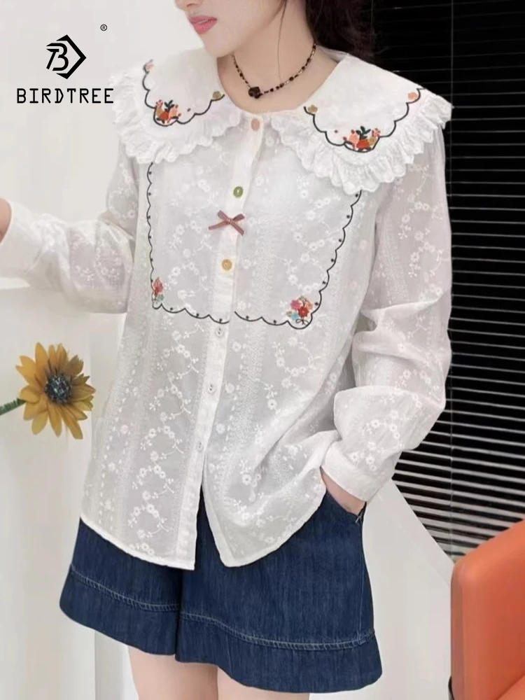 

New 2025 Autumn Cotton Long Sleeve Shirt, Women Peter Pan Collar Embroidery, Mori Girl Sweet Commute Bow Loose Blouse T59747CC
