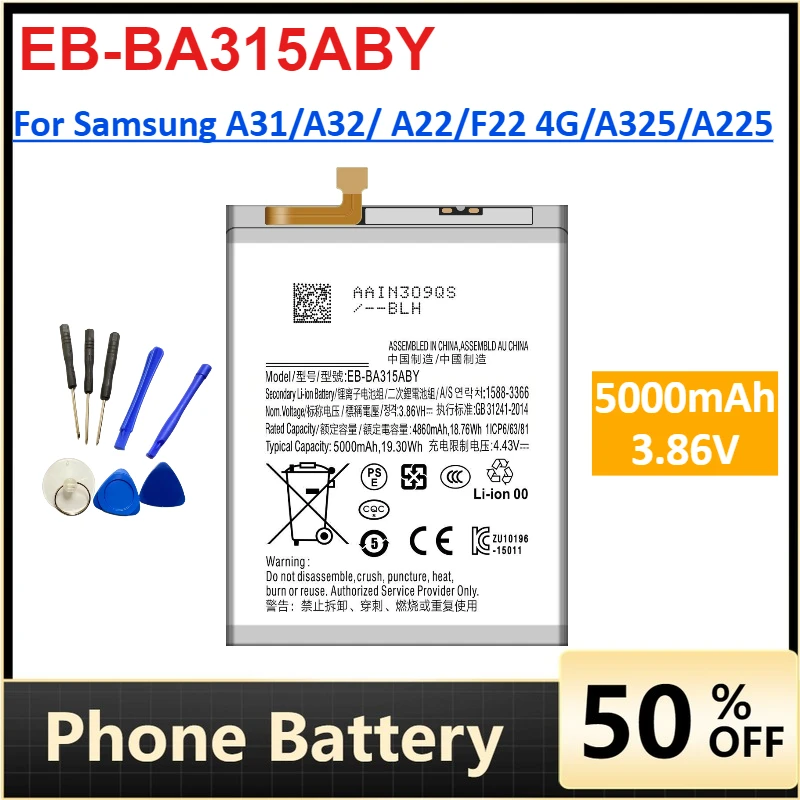 

EB-BA315ABY 5000mAh Mobile Phone Battery for Samsung A31/A32/ A22/F22 4G/A325/A225 Replacement Lithium Batteries 3.86V