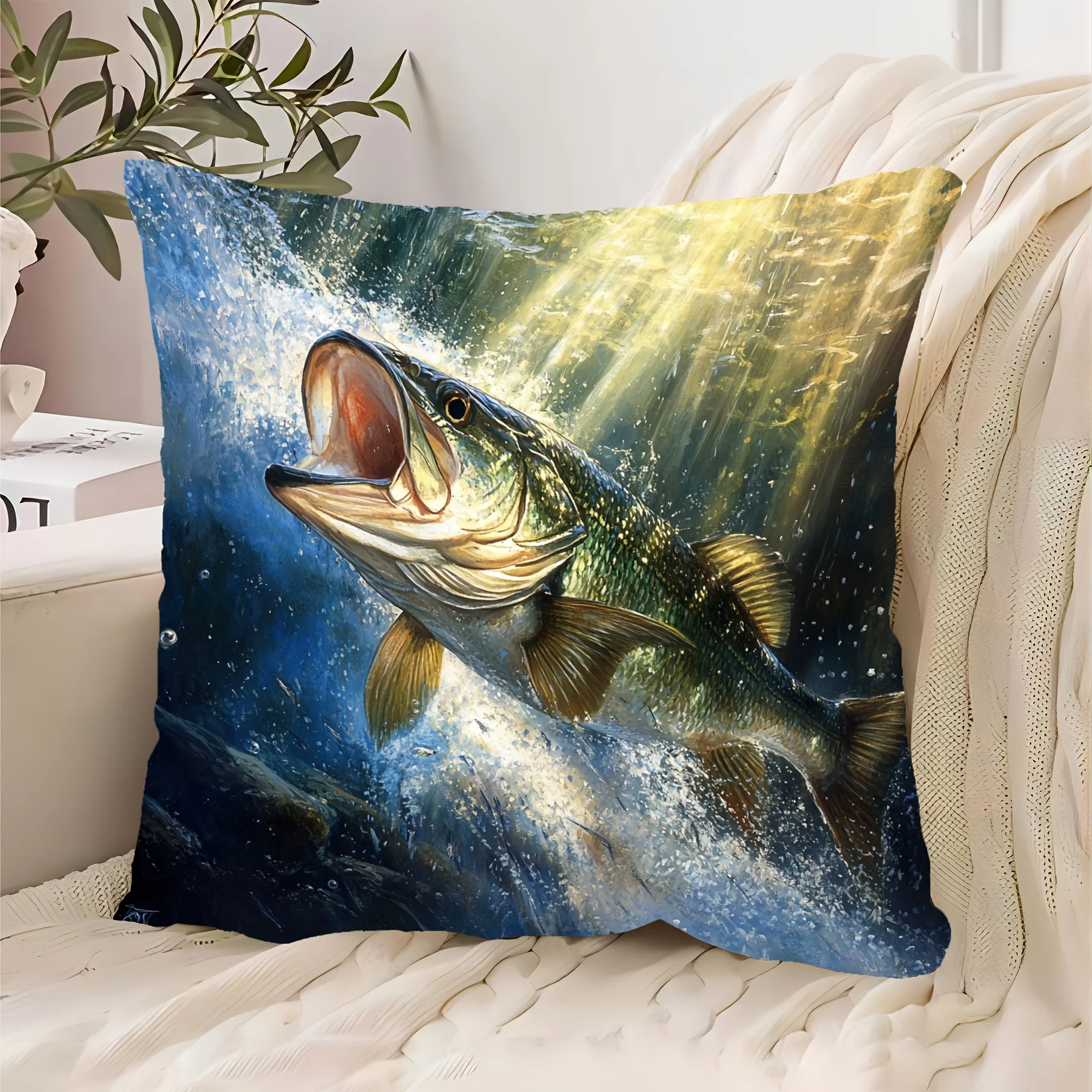 Fishing Fish Pillowcase Wildlife Aquatic Animal Print Decorative Square Cushion Cover for Bedroom Home Decor Nautical Gift