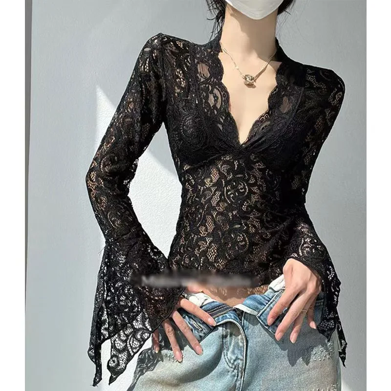 

Sexy Women Lace Blouses Long Flared Sleeve V Neck Inner Wear Lace Shirt Base Tunic Top Perspective Vintage Bottom Blouse