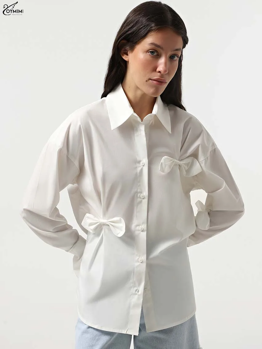 

Oymimi Fashion White Bow Woman Blouses Casual Turn-Down Collar Long Sleeve Blouses Elegant Single Breasted Solid Blouse Female
