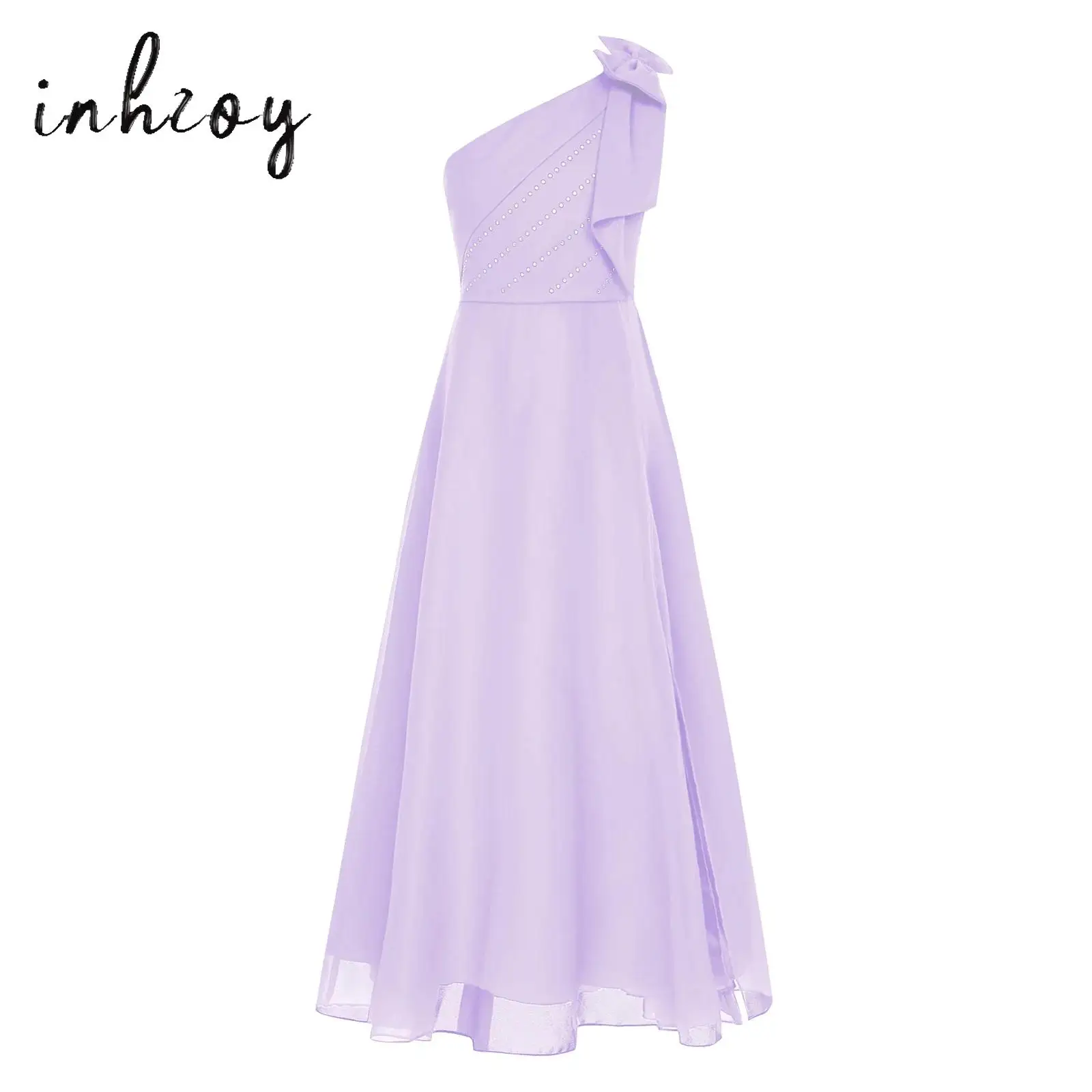 

One Shoulder Flower Girl Dress Elegant Sleeveless Bowknot Rhinestone A-Line Pleated Formal Wedding Party Dress Banquet Gown