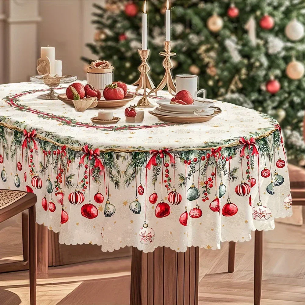 Christmas, winter ice tablecloth, white decorations, Christmas balls and red fruit patterns, yzb