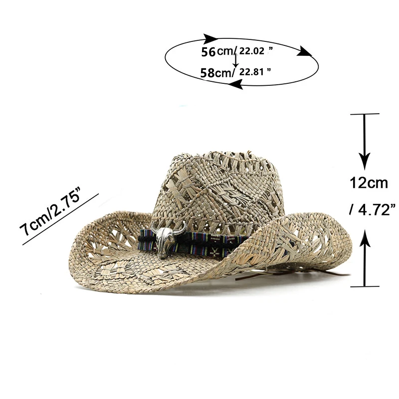 Straw Hats Panama Western Cowboy Straw Women Men Summer Hat Jazz Caps Beach Windproof Rope Cap Out Shading Wide Brim Hat