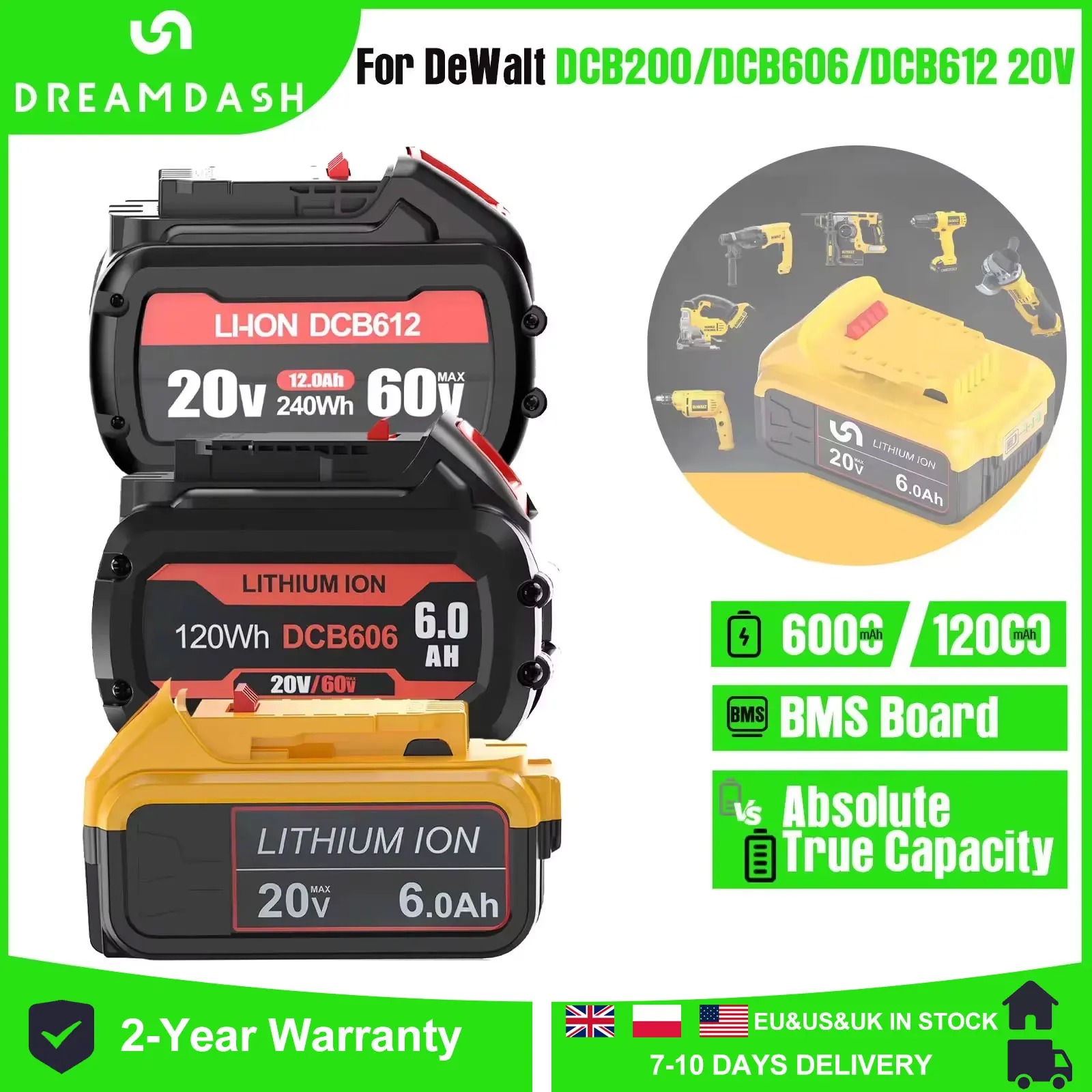 12.0Ah 20V For DeWalt Power Tool Batteries Support For DeWalt 60V MAX/120V MAX DCB200 DCB606 DCB612 DCB205 DCB206 Li-ion Battery