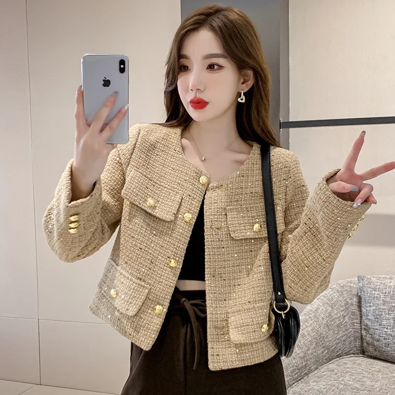 

French Fall Sequins Wool Female Tweed Jacket Women's Clothing Elegant Slim Coat Top Outerwear Casacos