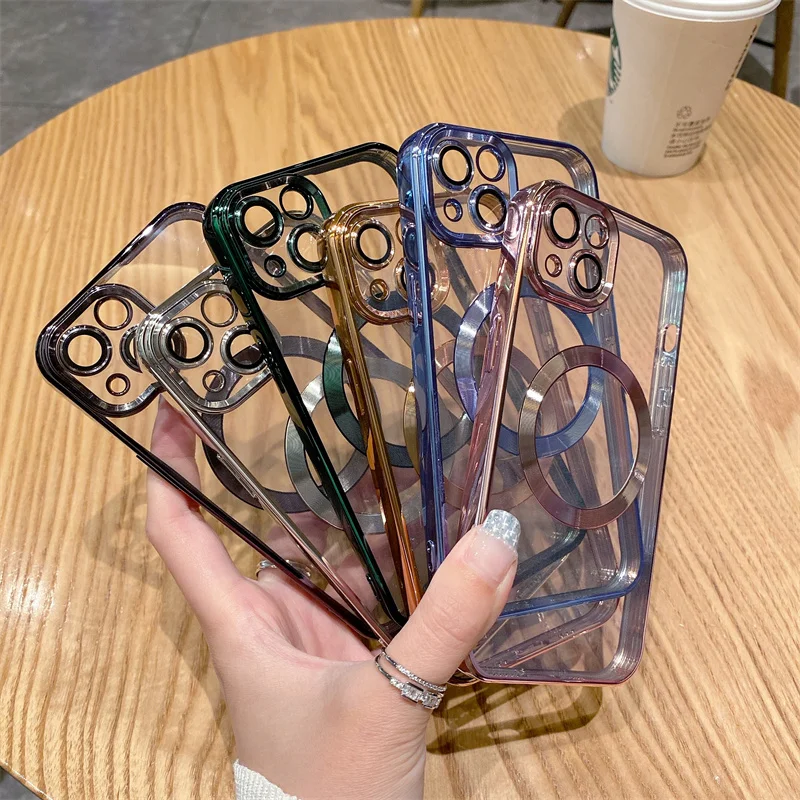Lens Flim ile lüks kaplama temizle yumuşak telefon kılıfı için iPhone 16 15 14 artı 13 12 Pro Max 11 Magsafe manyetik anti-damla kapak