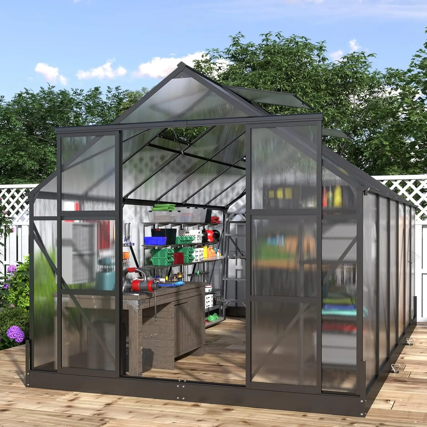 

8x14x7.5 FT Polycarbonate Greenhouse 2 Sliding Doors 4 Vent Window Walk-in Premium Greenhouse Storage Shed Outdoor