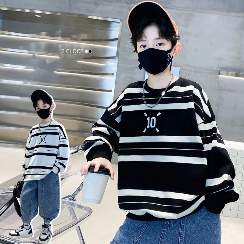 Spring Autumn Boys Cotton Loose Contrast Striped Sweatshirt School Kids Track Pullover Tops Child Work Jumper Outfit 5-16 Years