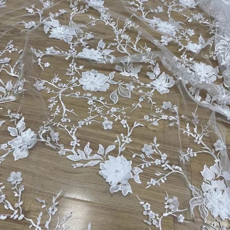 Delicate Transparent Mesh Lace Fabric With Pearl Flower Applique Soft Sheer Textile Wedding Dress Stage Outfit Creative Design