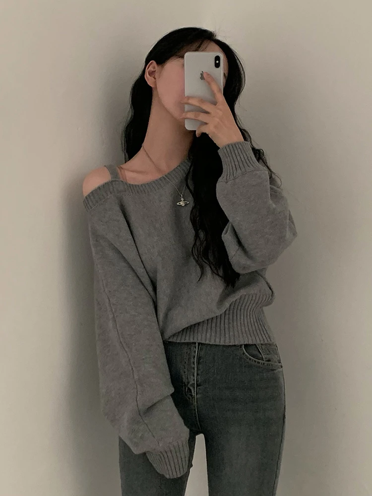 

Корейский вязаный свитер с рукавами «летучая мышь», открытыми плечами, завышенной талией, облегающий, осенне-зимний, женский, Conced Clevern