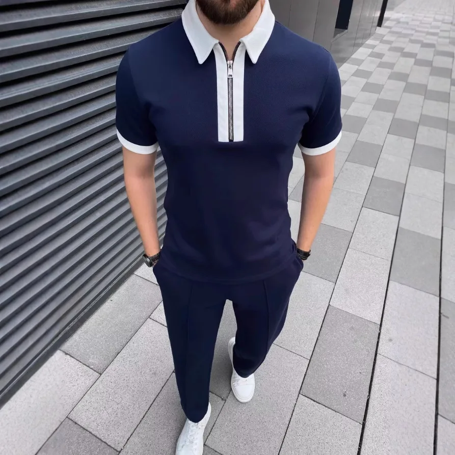 Everyday Casual Men's Short-Sleeved SSet, Spring Summer Casual POLO shirt with a lapellong Pants Two-Piece Set, Solid-Color Simp