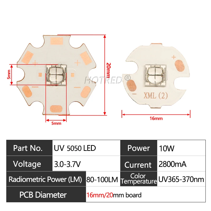 UV Purple LED 10W XMLL 5050-T6L2 SMD High Power 4Chips 3-3.7V 365nm 370nm 395nm 405nm For UV curing Medical Nail Dryer Currency