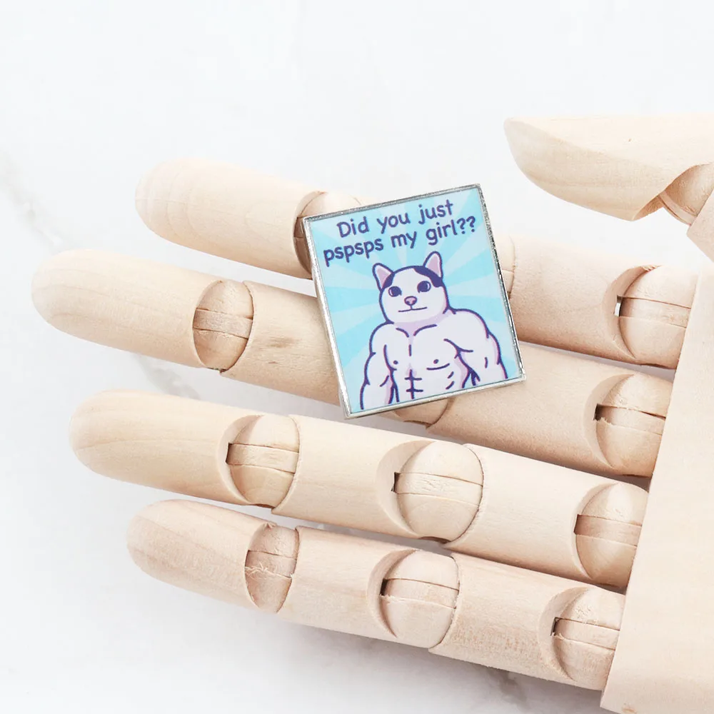 Funny Animal Muscle Cat meme Badge Did You Pspsps My Girl? brooches Bags Clothes Lapel Pins Enamel Jewelry Gifts