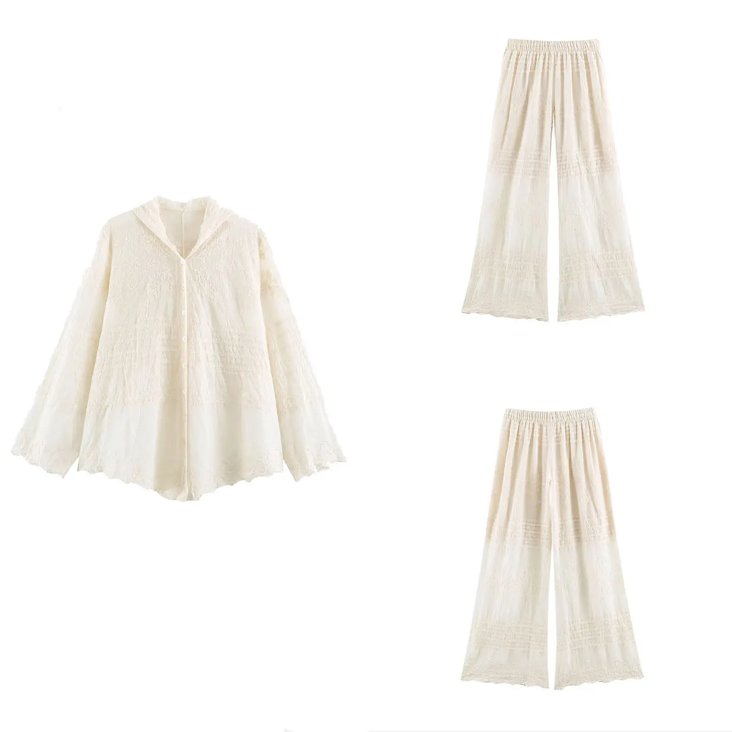 Fashionable Casual Long Sleeve Shirt Style Wide Leg Pants Women's Two-Piece Set Summer Collection Elegant Textured Collar