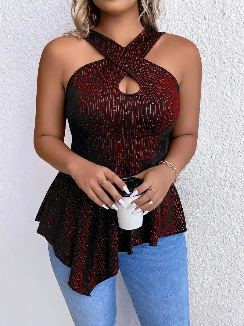 New Summer Plus Size 1XL-5XL Women\'s Fashion Front Cross Vest Summer New Solid Color Ruffled Vest Temperament Slim Ladies Top